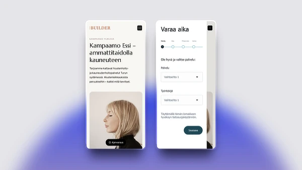 Kuvassa on mobiilinäkymä ja ajanvaraus avattuna