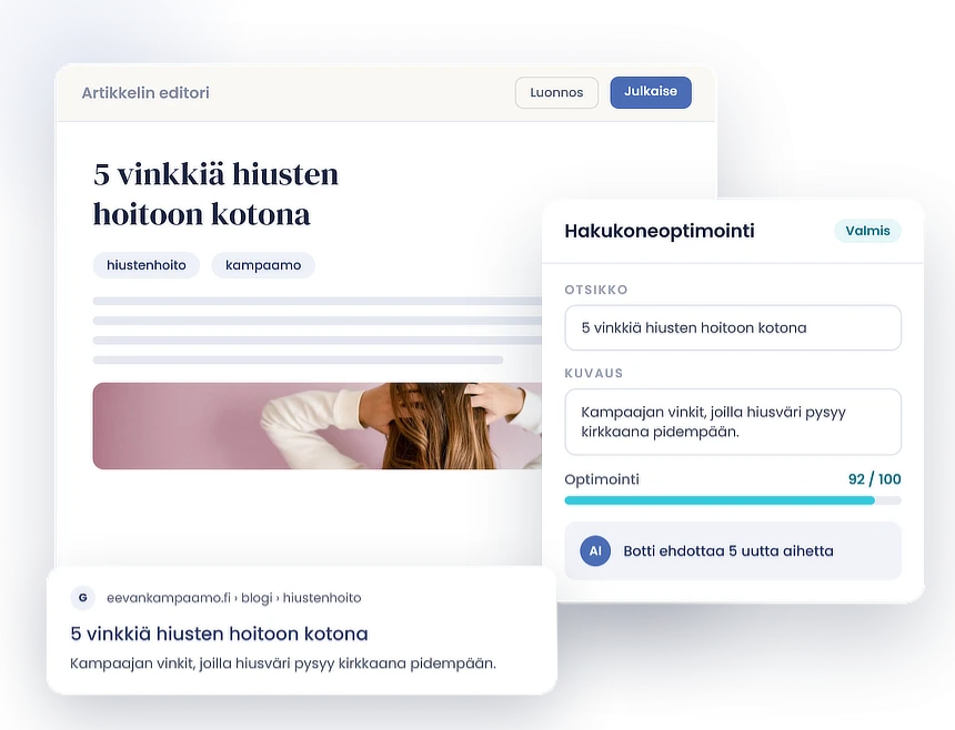 Kotisivubotin blogieditori: artikkelin kirjoitus ja julkaisu samasta hallintapaneelista
