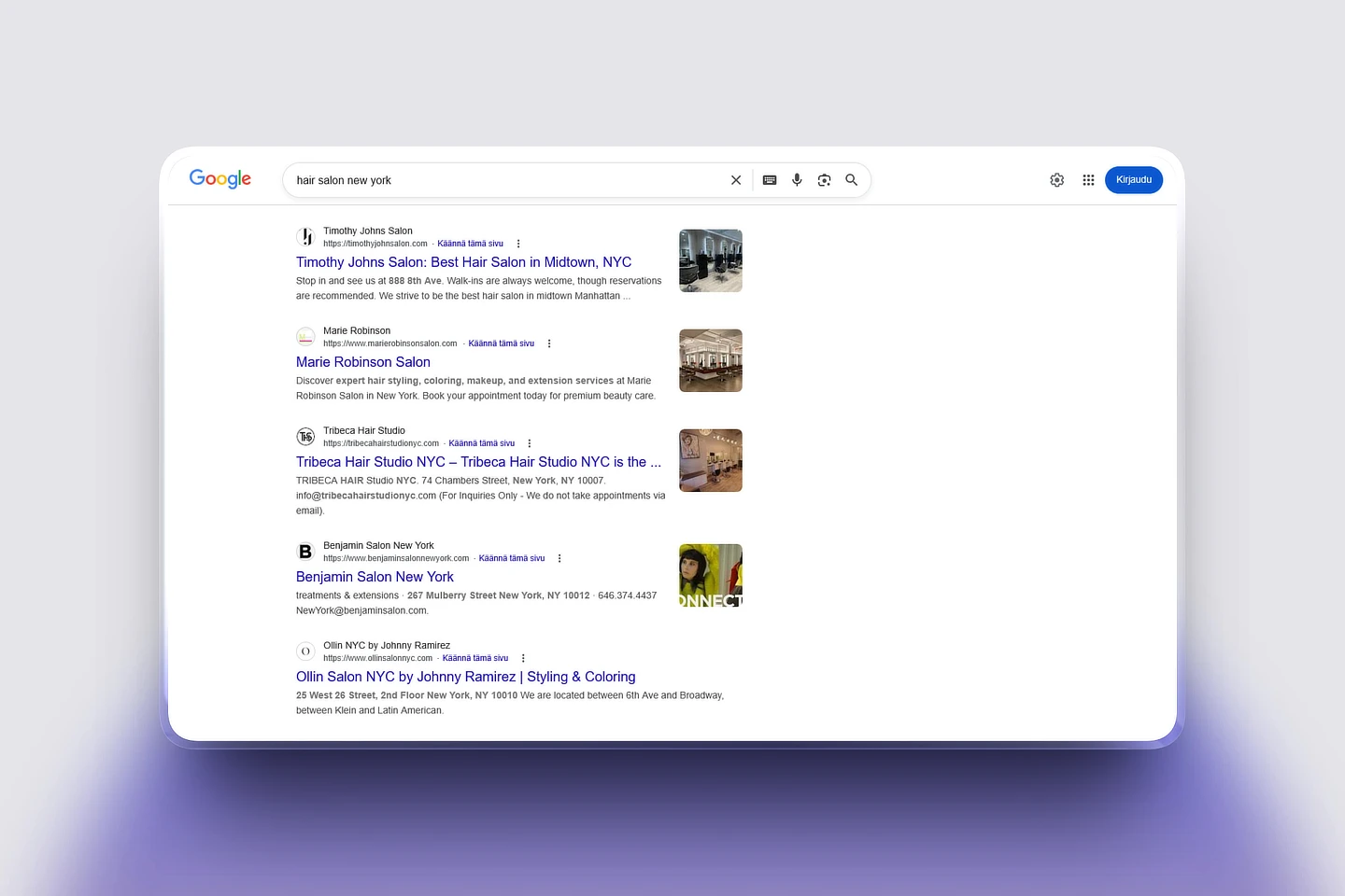 Google-haun tulossivu (SERP), jossa näkyy hakupalkki sivun yläosassa sekä useita orgaanisia hakutuloksia otsikoineen, URL-osoitteineen ja lyhyine kuvauksineen.