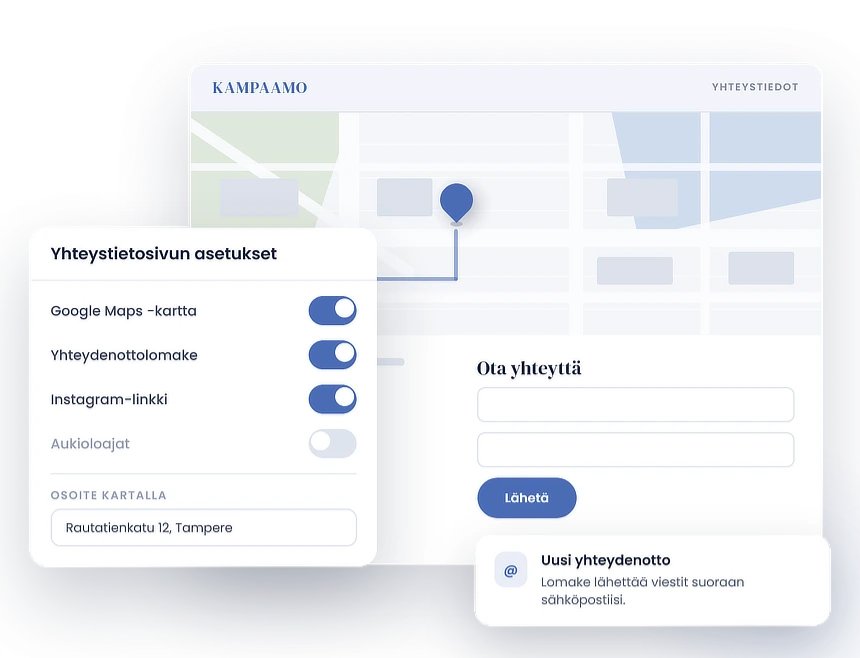 Kotisivubotin yhteystietosivu: Google Maps -kartta, yhteydenottolomake ja linkit Instagramiin ja Facebookiin