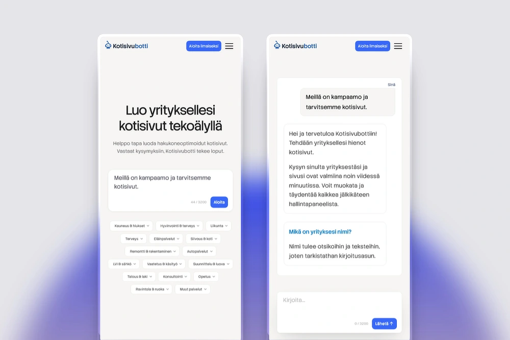 Kotisivubotin tekoälychat kahdessa puhelimessa: toimialan valinta ja keskustelu jossa botti kysyy yrityksen tietoja