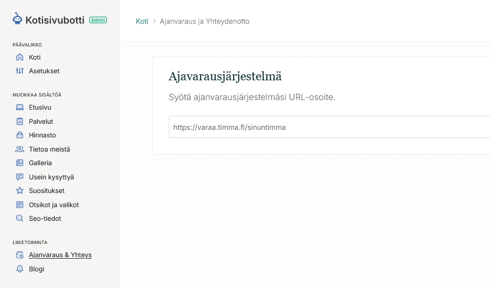 Ajanvarauksen URL-osoitteen lisääminen better-web hallintapaneeliin
