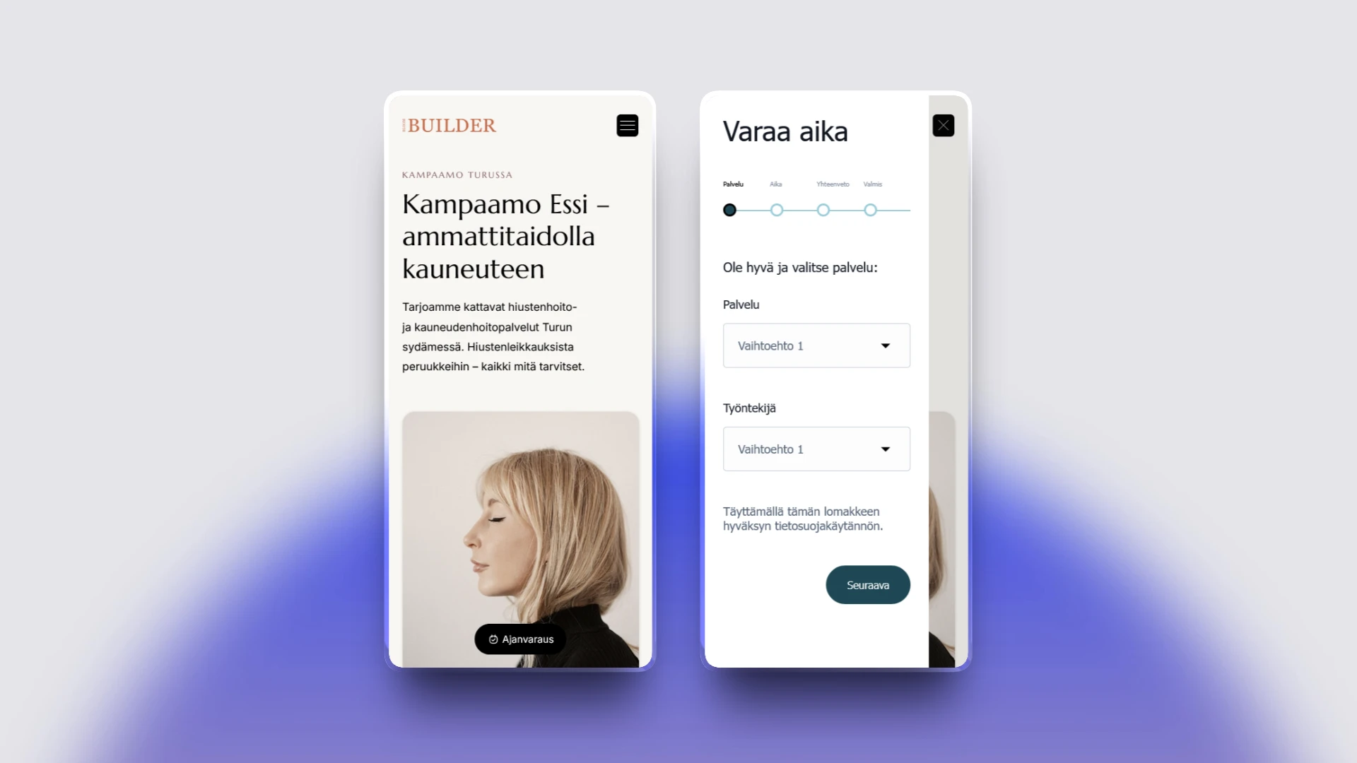 Ajanvarausjärjestelmä upotettuna kauneusalan kotisivuille