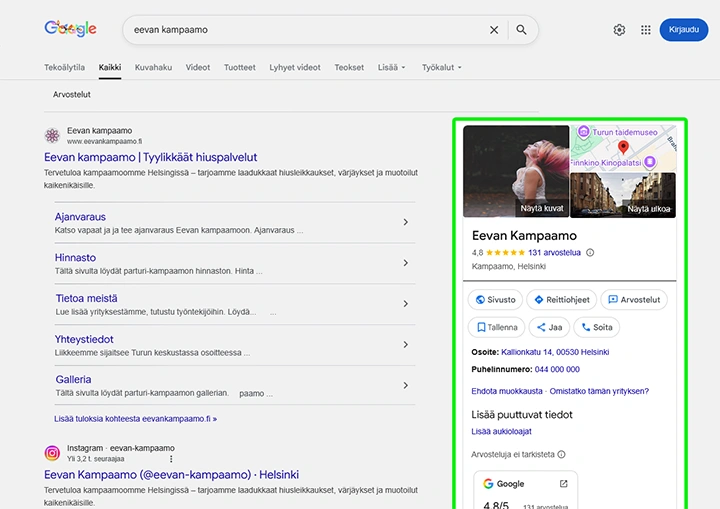 Local Business Schema Markup JSON-LD muodossa sisältäen yritystiedot