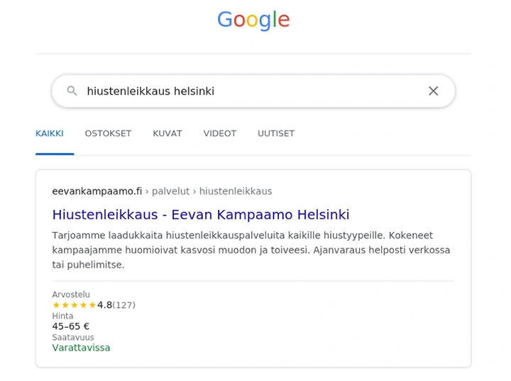Service Schema tulee- ja palvelutiedoille rich snippets hakutuloksissa