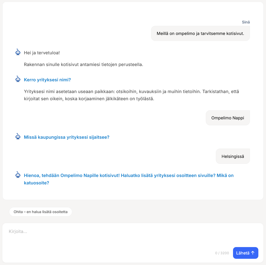 Kotisivubotin chat-näkymä jossa tekoäly luo nettisivut yritykselle