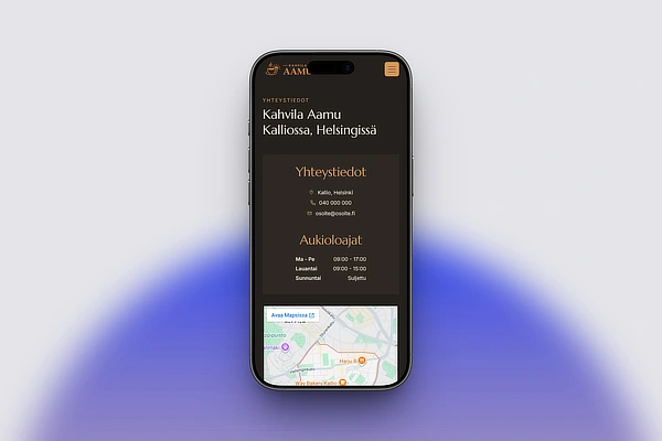 Kahvilan aukioloajat ja kartta kotisivuilla