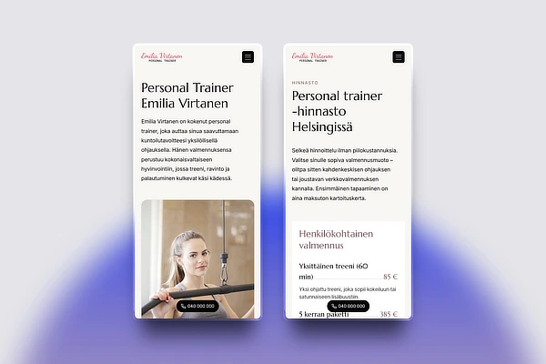 Personal trainerin kotisivut mobiililaitteella