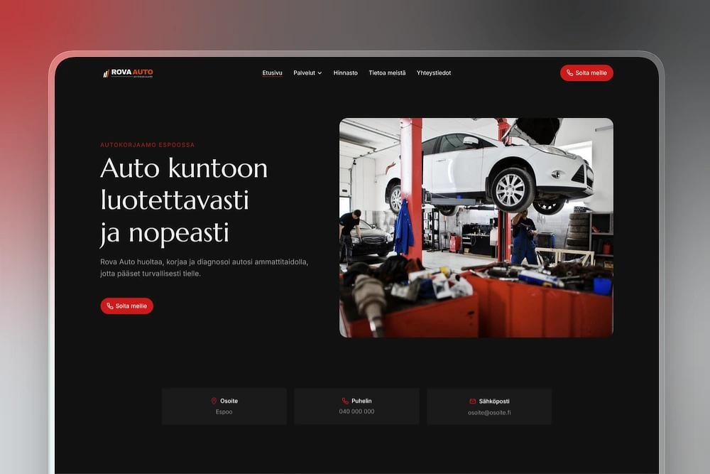 Autokorjaamon kotisivujen etusivu