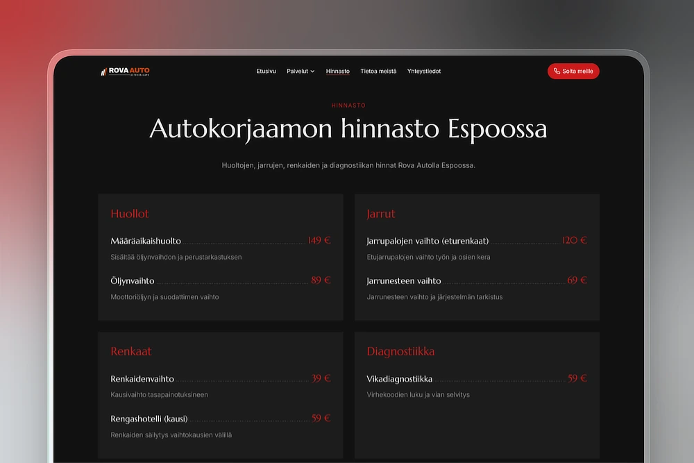 Autokorjaamon hinnasto kotisivuilla