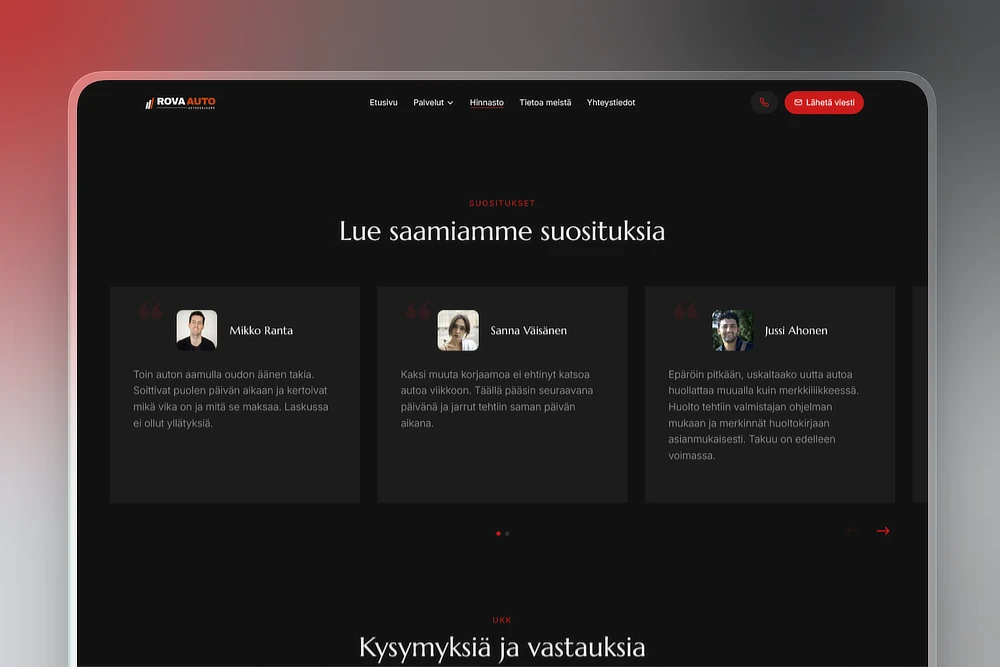 Asiakaspalautteet autokorjaamon kotisivuilla