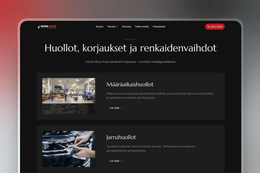Autokorjaamon palveluvalikoima kotisivuilla