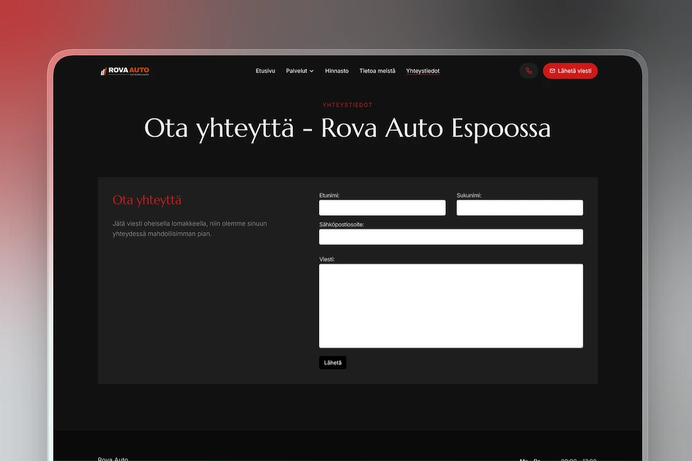 Tarjouspyyntölomake autokorjaamon kotisivuilla