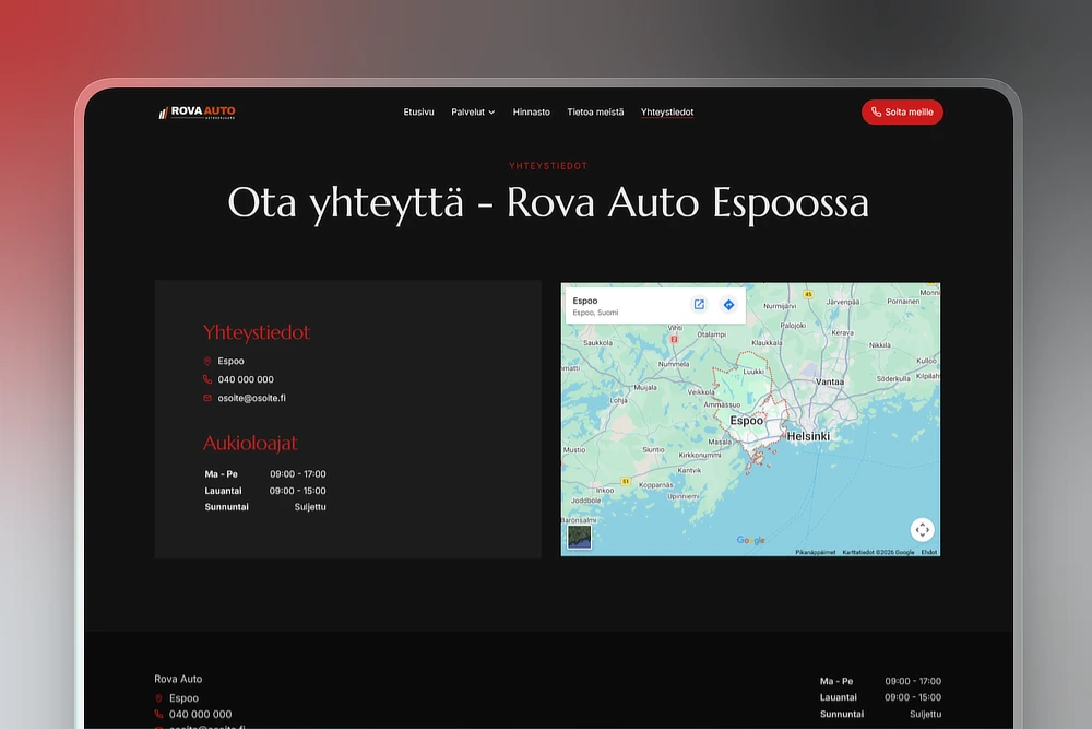 Yhteystiedot ja kartta autokorjaamon kotisivuilla