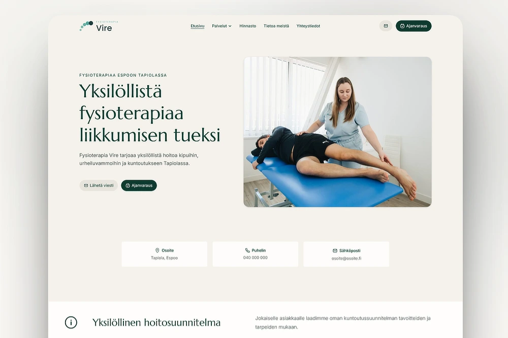 Fysioterapeutin kotisivujen etusivu
