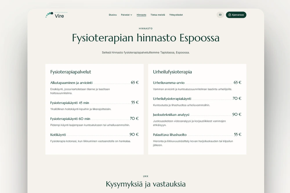 Fysioterapeutin hinnasto kotisivuilla
