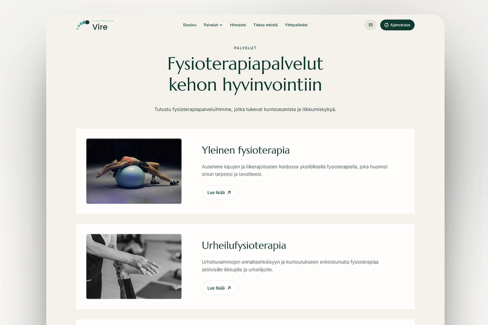 Fysioterapeutin hoitomuodot kotisivuilla
