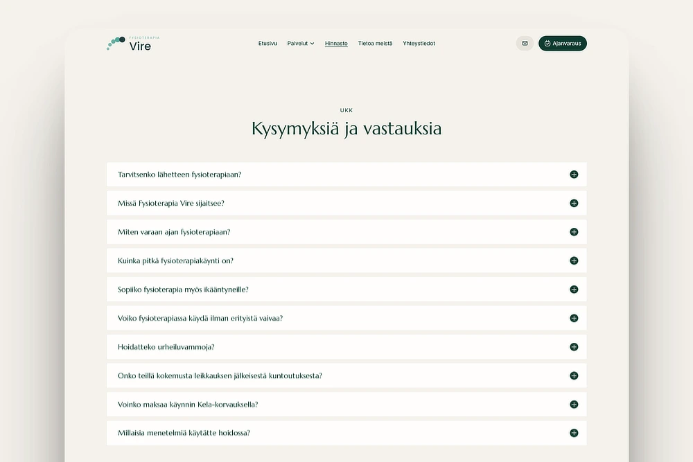 Usein kysytyt kysymykset fysioterapeutin kotisivuilla