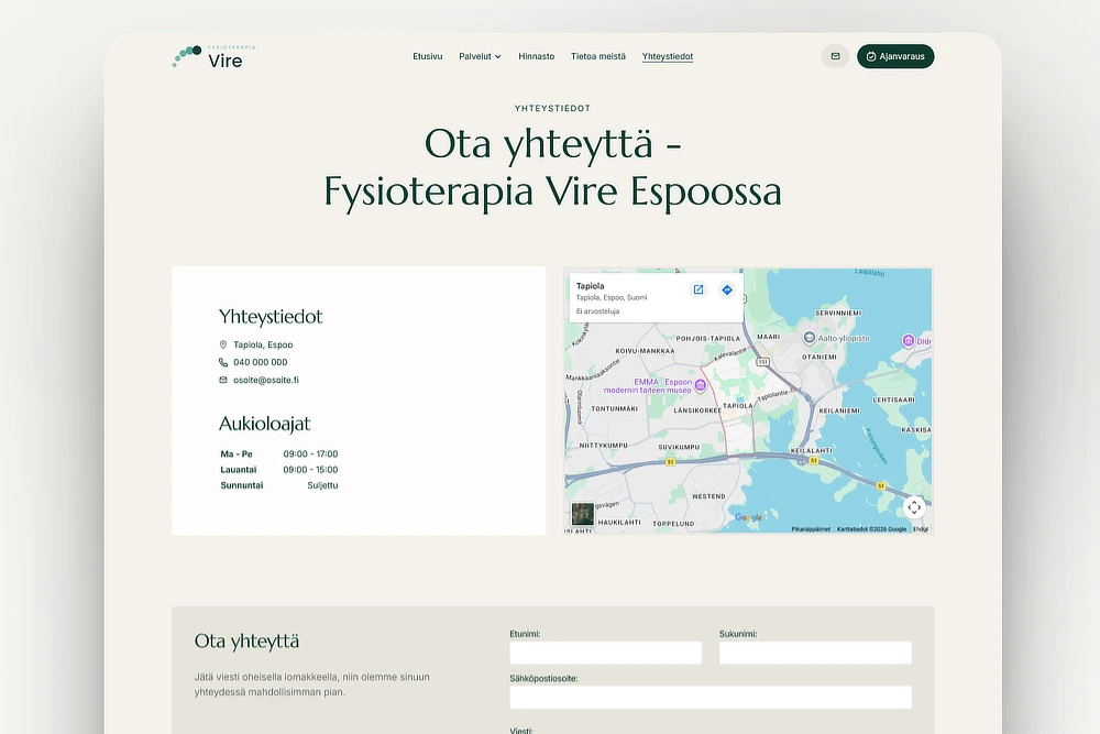 Yhteystiedot ja kartta fysioterapeutin kotisivuilla