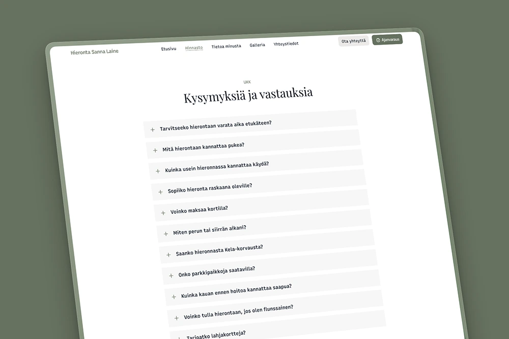 Usein kysytyt kysymykset hierojan kotisivuilla