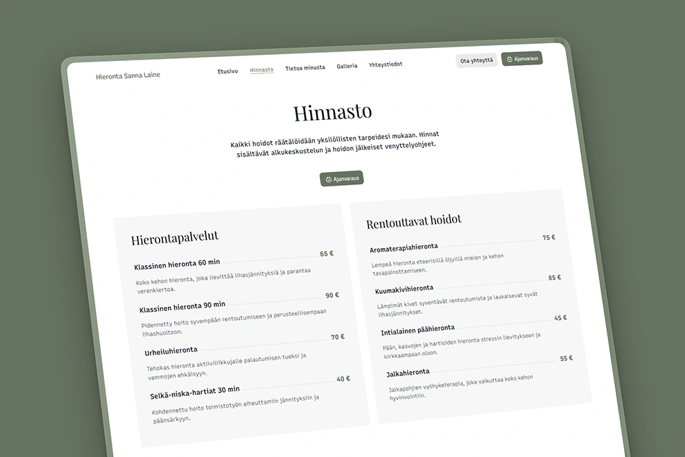 Hierojan hinnasto kotisivuilla