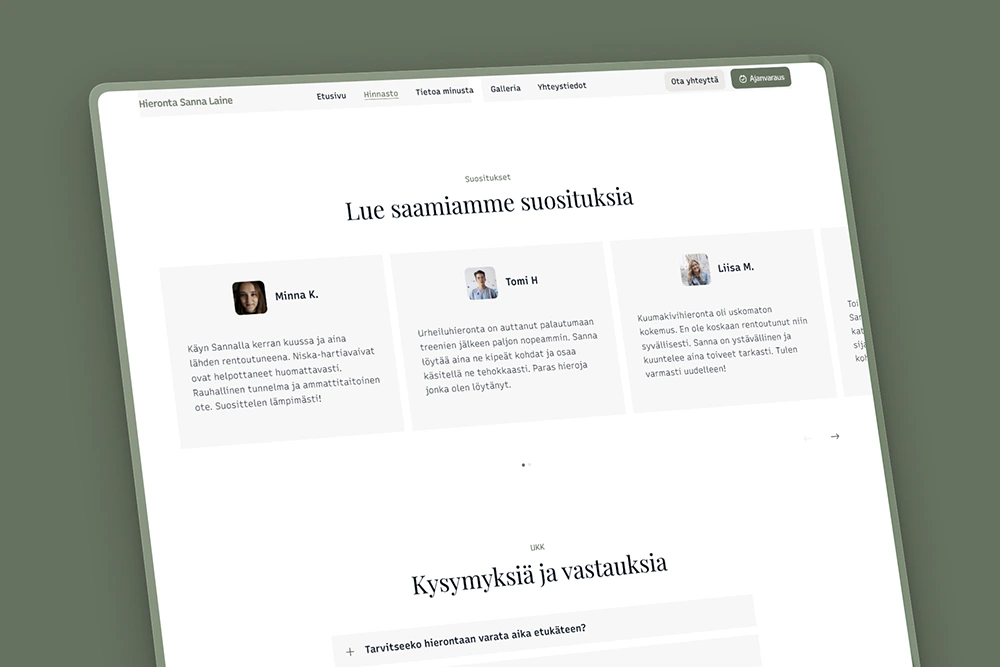 Asiakaspalautteet hierojan kotisivuilla