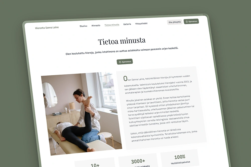 Tietoa minusta -osio hierojan kotisivuilla