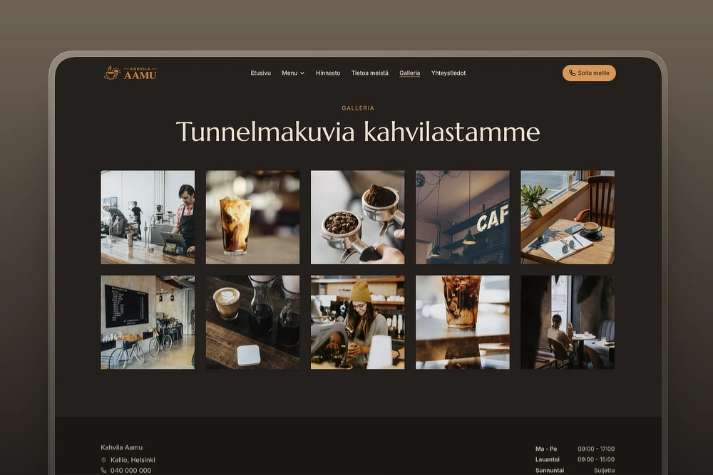 Tuotekuvat ja galleria kahvilan kotisivuilla