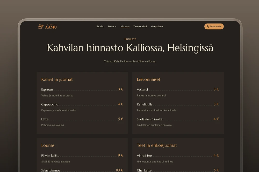 Kahvilan tuotelista kotisivuilla
