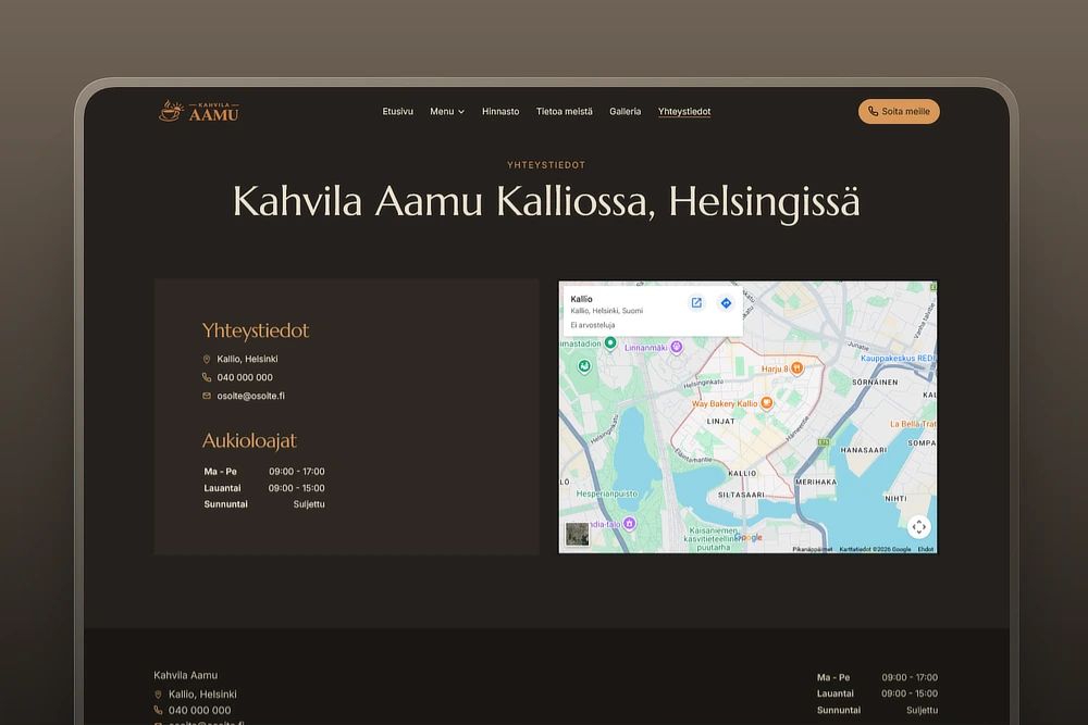 Yhteystiedot ja kartta kahvilan kotisivuilla