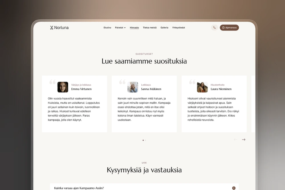 Asiakasarvostelut kampaamon kotisivuilla