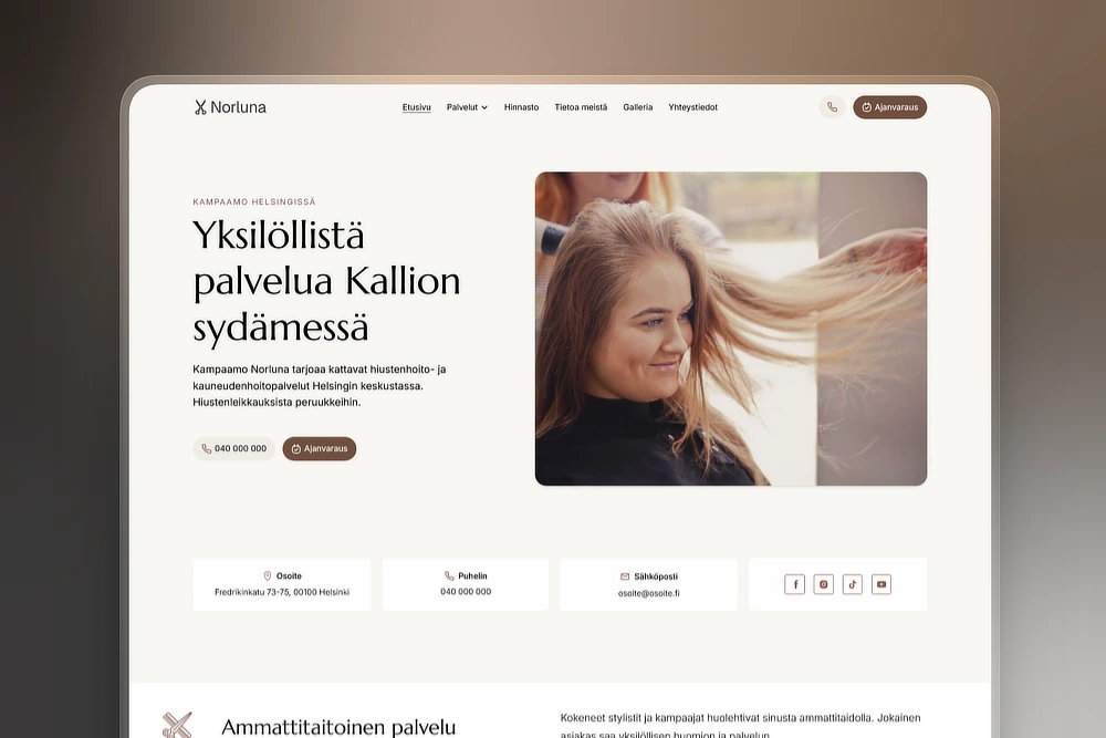 Kampaamon kotisivujen etusivu