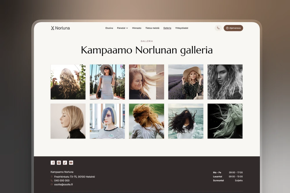 Työnäytteet ja galleria kampaamon kotisivuilla