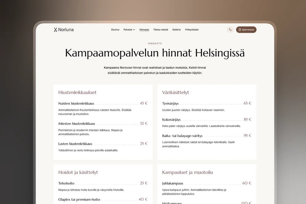 Kampaamon hinnasto kotisivuilla