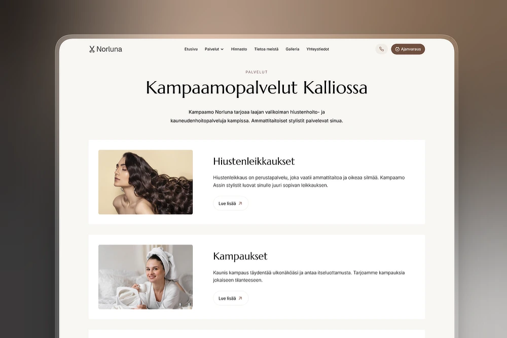 Kampaamon palveluvalikoima kotisivuilla