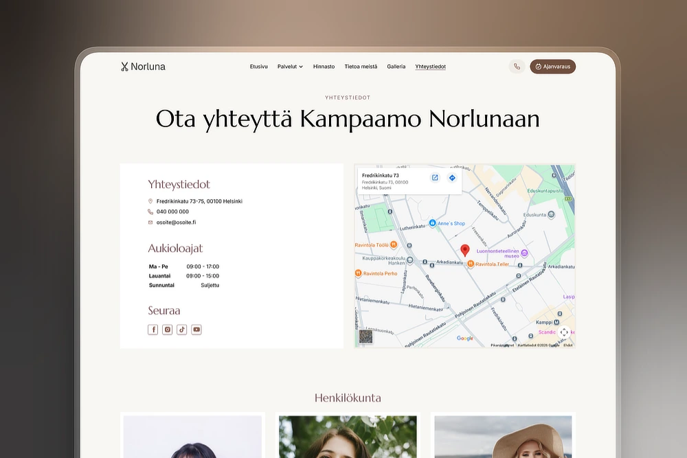 Yhteystiedot ja kartta kampaamon kotisivuilla