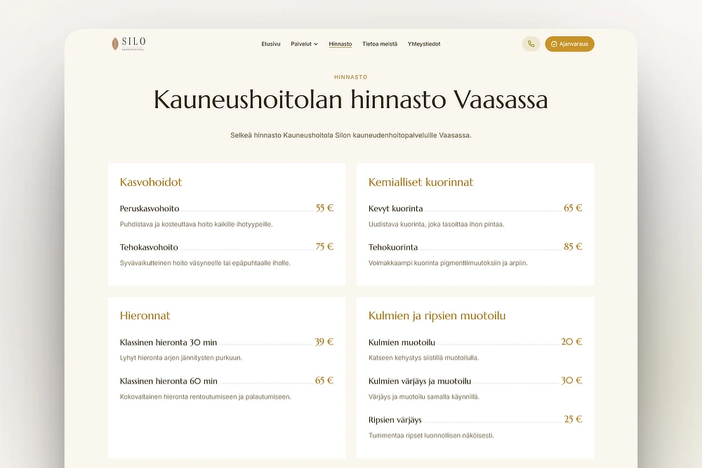 Kauneushoitolan hinnasto kotisivuilla