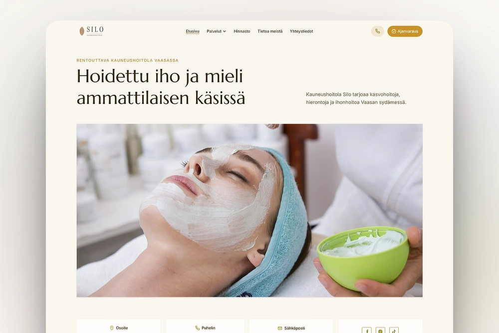 Kauneushoitolan palveluvalikoima kotisivuilla