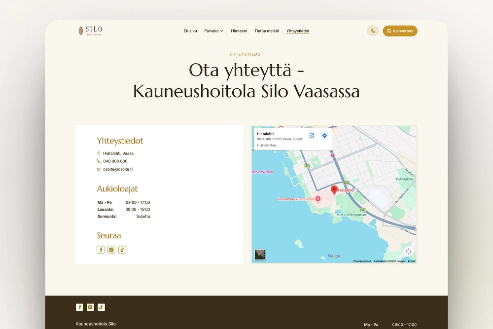 Yhteystiedot ja kartta kauneushoitolan kotisivuilla