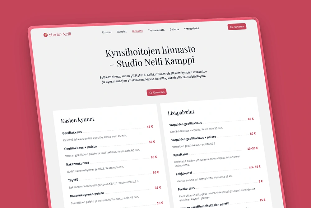 Kynsistudion hinnasto kotisivuilla
