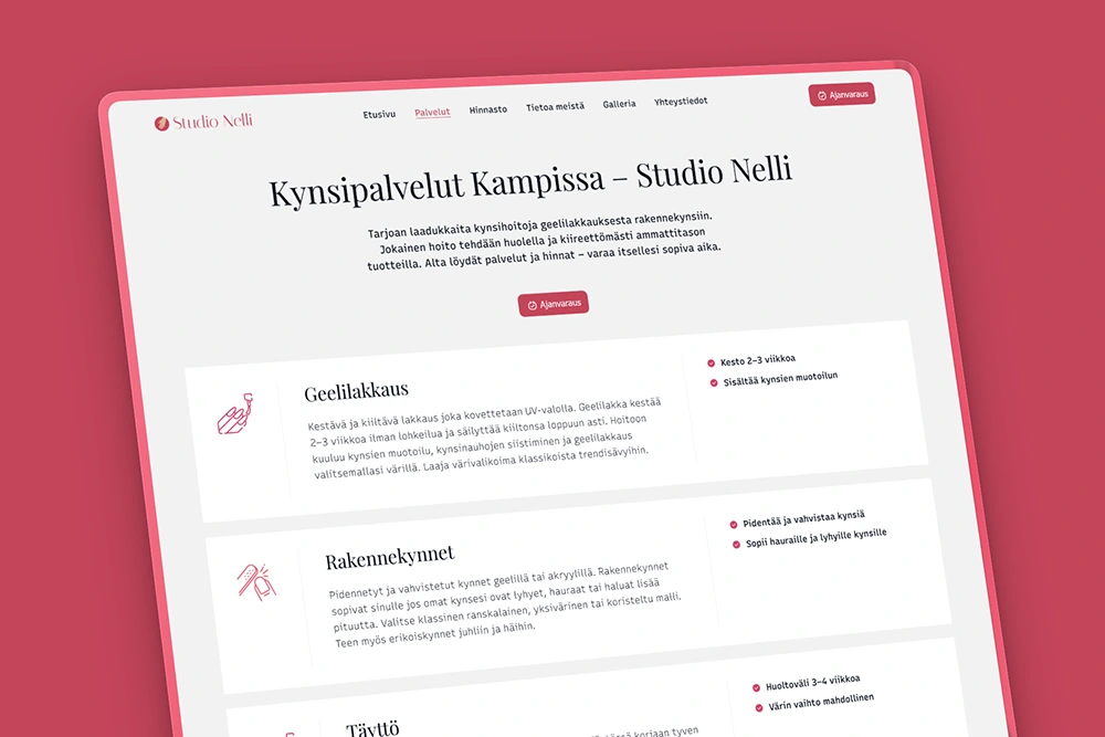 Kynsistudion palveluvalikoima kotisivuilla