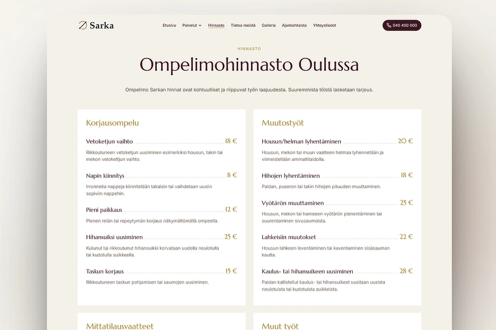 Ompelimon hinnasto kotisivuilla