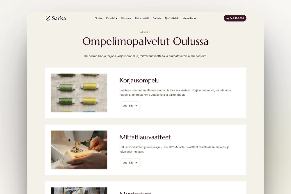Ompelimon palveluvalikoima kotisivuilla