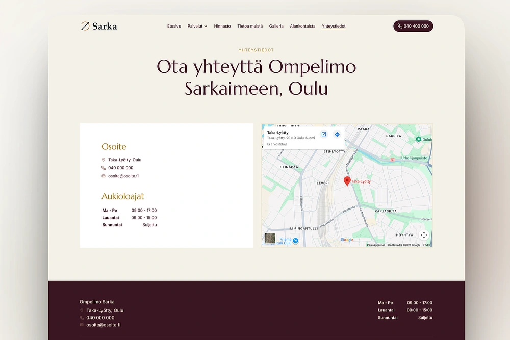 Yhteystiedot ja kartta ompelimon kotisivuilla