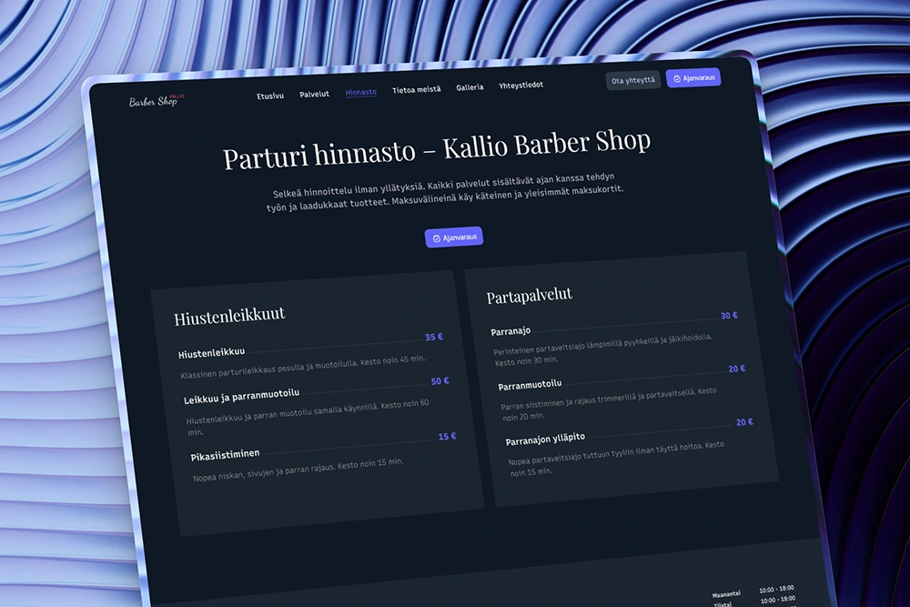 Parturin hinnasto kotisivuilla