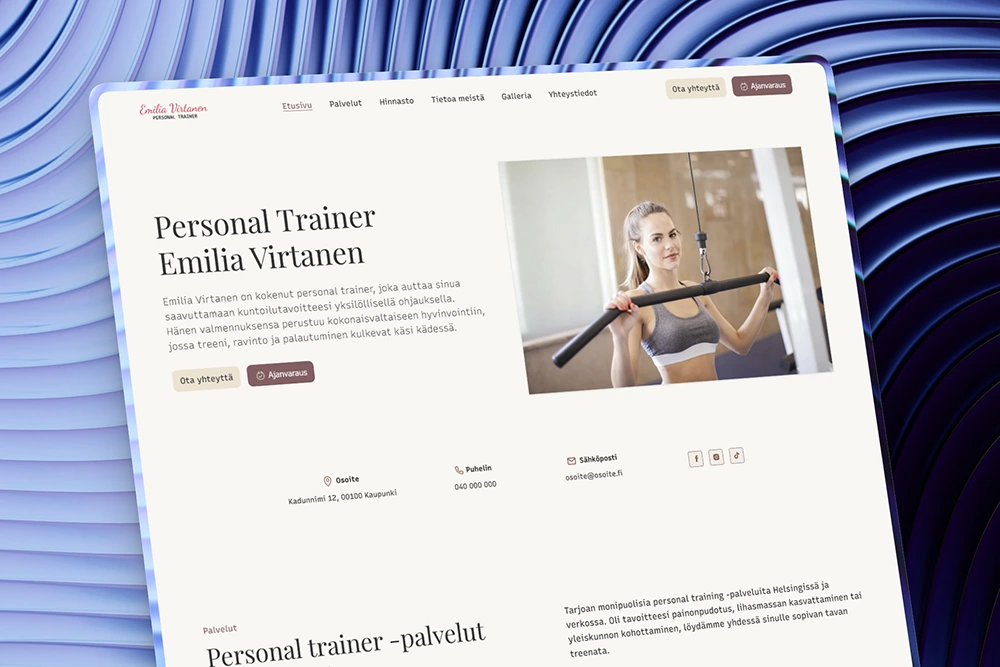 Personal trainerin kotisivujen etusivu