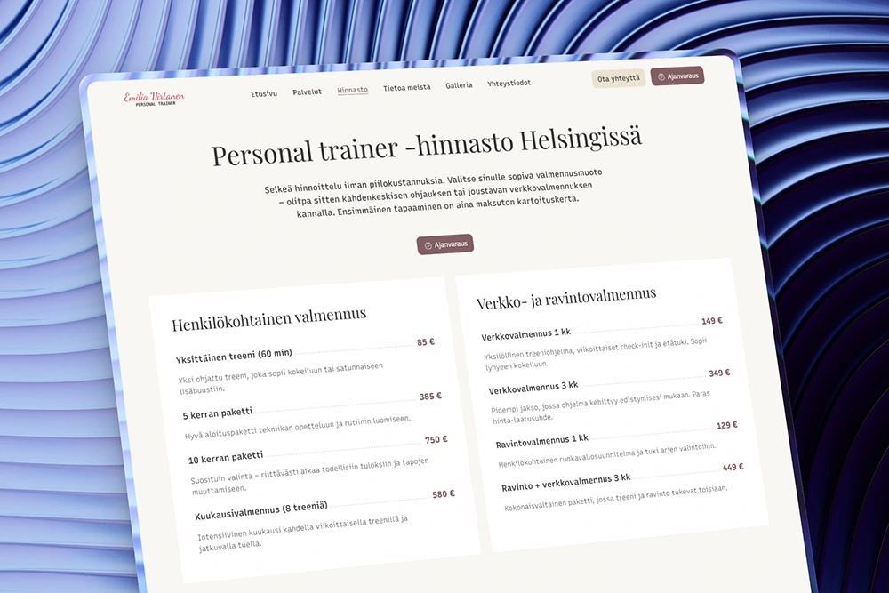 Personal trainerin hinnasto kotisivuilla
