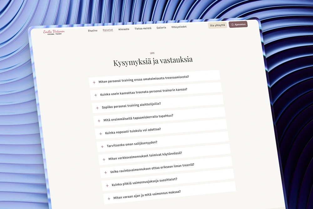 Usein kysytyt kysymykset personal trainerin kotisivuilla