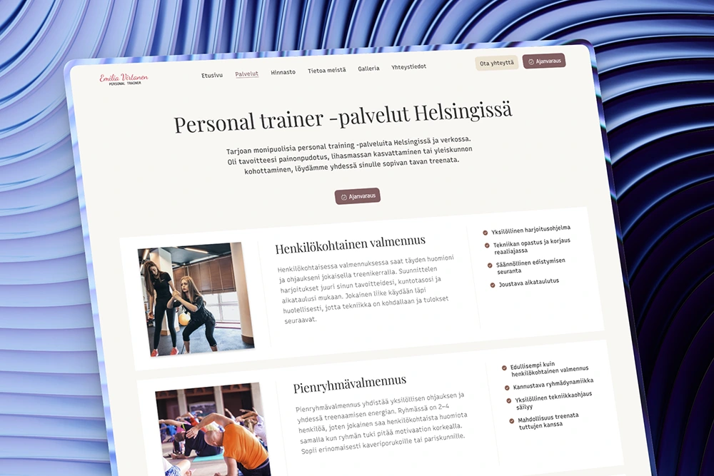 Personal trainerin palveluvalikoima kotisivuilla