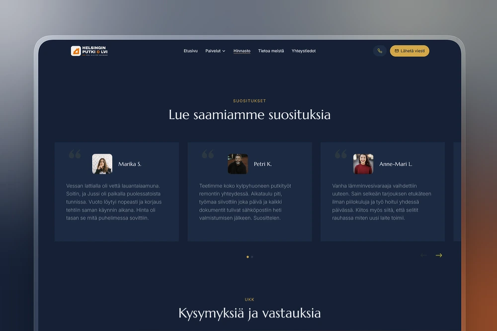 Asiakasarvostelut putkimiehen kotisivuilla
